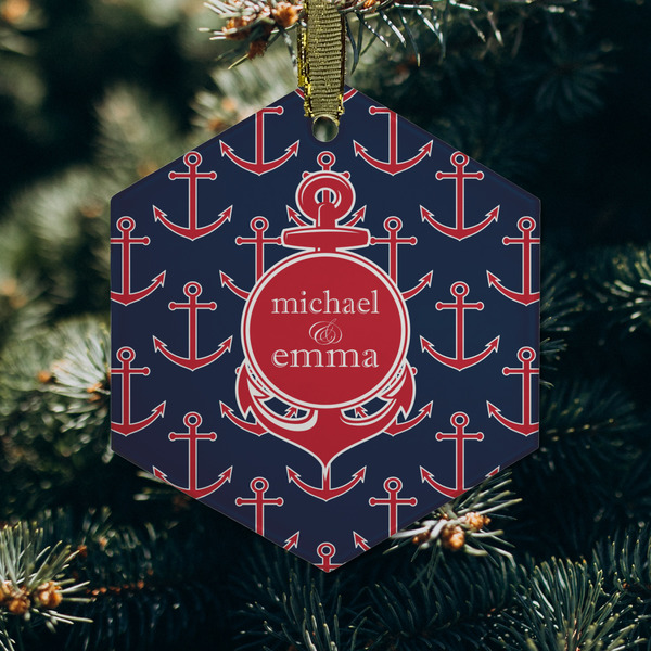 All Anchors Frosted Glass Ornament - Hexagon (Lifestyle)