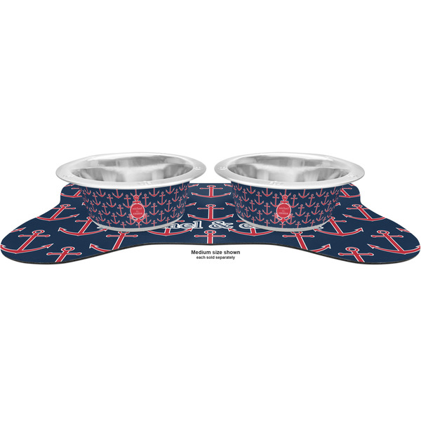 All Anchors Metal Pet Bowls - On Dog Bone Shaped Mat