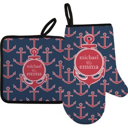 All Anchors Oven Mitt & Pot Holder Set w/ Couple's Names