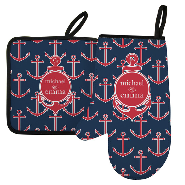Custom All Anchors Left Oven Mitt & Pot Holder Set w/ Couple's Names