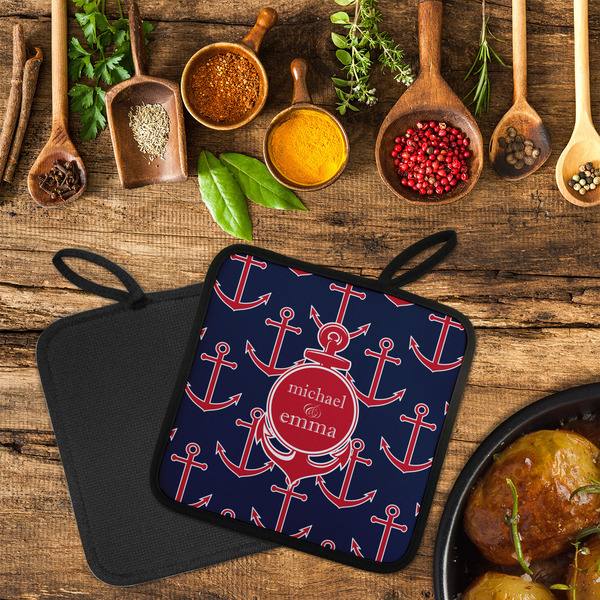 All Anchors Neoprene Pot Holder - Set of 2  LIFESTYLE (Flatlay)