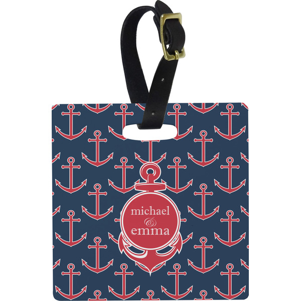 Custom All Anchors Plastic Luggage Tag - Square w/ Couple's Names