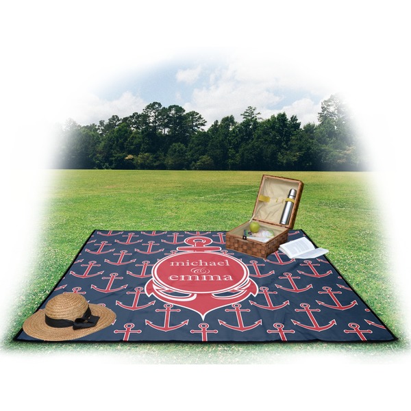 All Anchors Picnic Blanket - with Basket Hat and Book - in Use