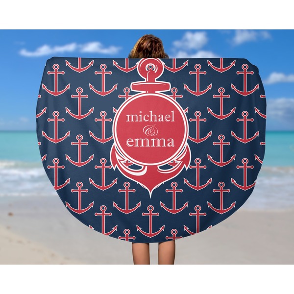 All Anchors Round Beach Towel - In Use