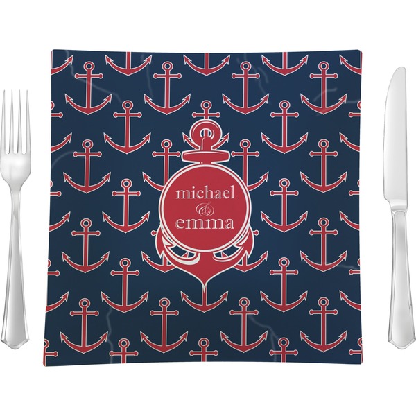 Custom All Anchors 9.5" Glass Square Lunch / Dinner Plate- Single or Set of 4 (Personalized)