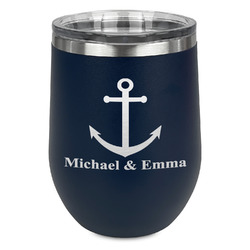 All Anchors Stemless Stainless Steel Wine Tumbler - Navy - Double Sided (Personalized)