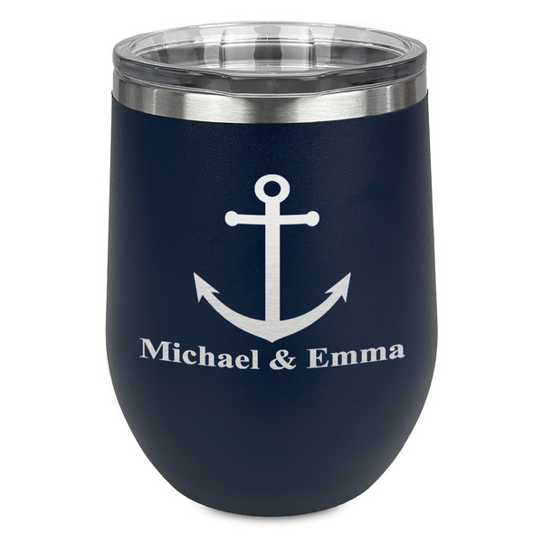 Custom All Anchors Stemless Stainless Steel Wine Tumbler - Navy - Single Sided (Personalized)