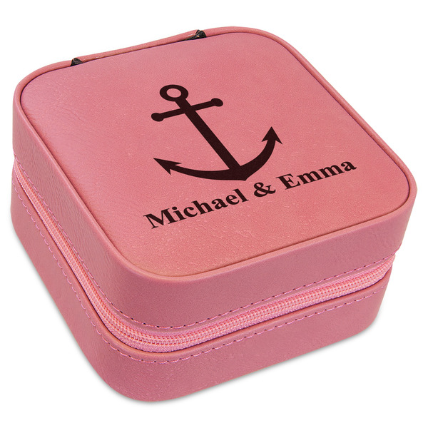 Custom All Anchors Travel Jewelry Boxes - Pink Leather (Personalized)
