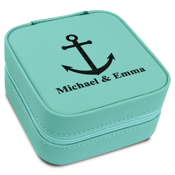 Custom All Anchors Travel Jewelry Box - Teal Leather (Personalized)