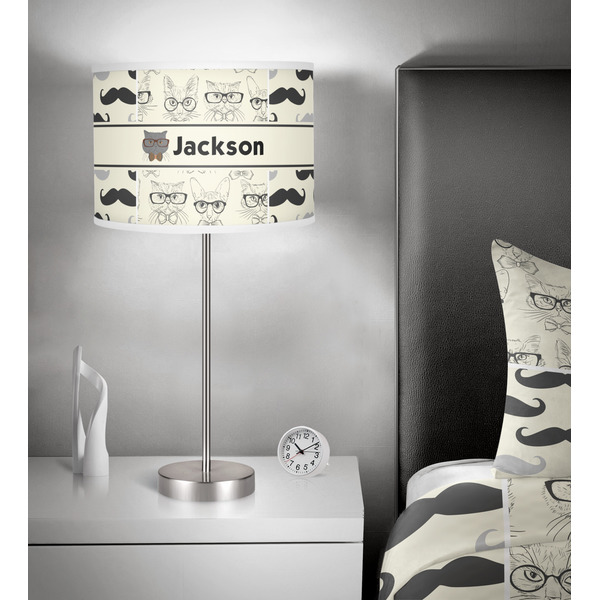 Hipster Cats & Mustache 13 inch drum lamp shade - in room
