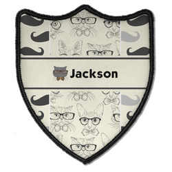 Hipster Cats & Mustache Iron On Shield Patch B w/ Name or Text