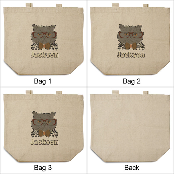 Hipster Cats & Mustache 3 Reusable Cotton Grocery Bags - Front & Back View