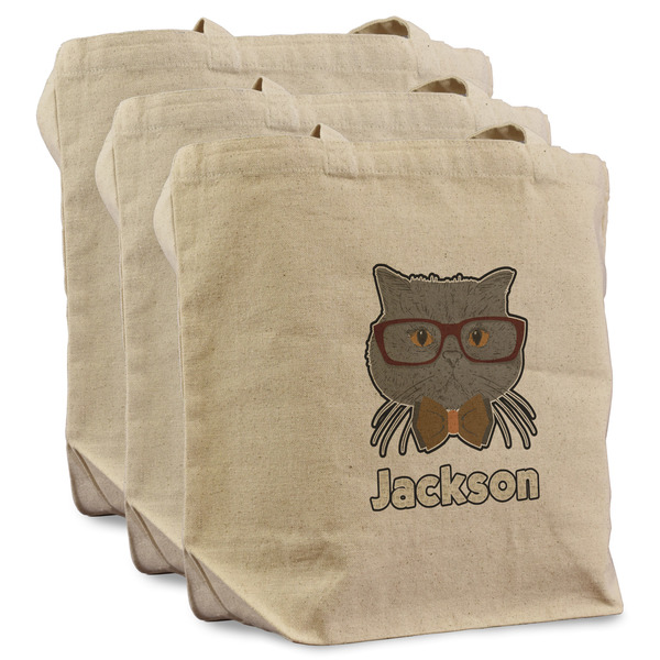 Custom Hipster Cats & Mustache Reusable Cotton Grocery Bags - Set of 3 (Personalized)