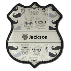 Hipster Cats & Mustache Iron On Shield Patch C w/ Name or Text