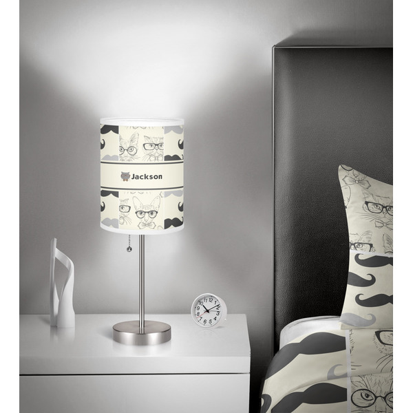 Hipster Cats & Mustache 7 inch drum lamp shade - in room