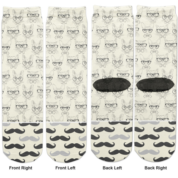 Hipster Cats & Mustache Adult Crew Socks - Double Pair - Front and Back - Apvl