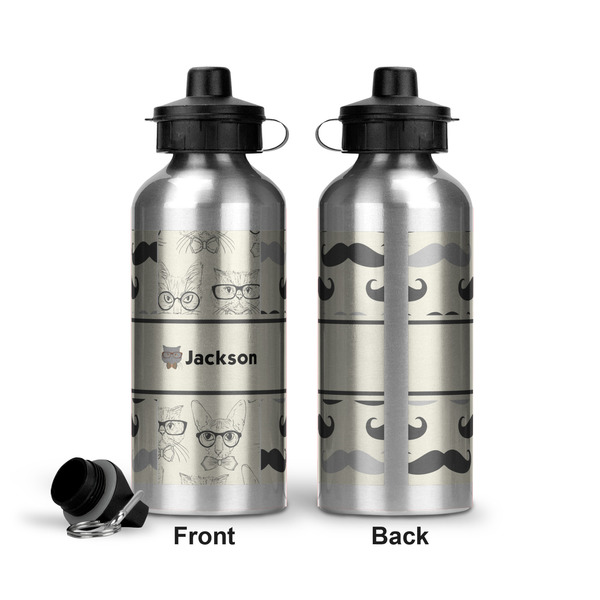 Hipster Cats & Mustache Aluminum Water Bottle - Front and Back