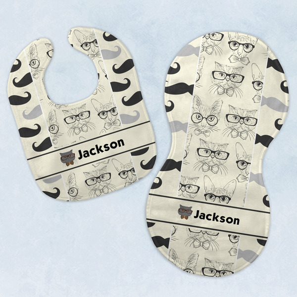 Custom Hipster Cats & Mustache Baby Bib & Burp Set w/ Name or Text