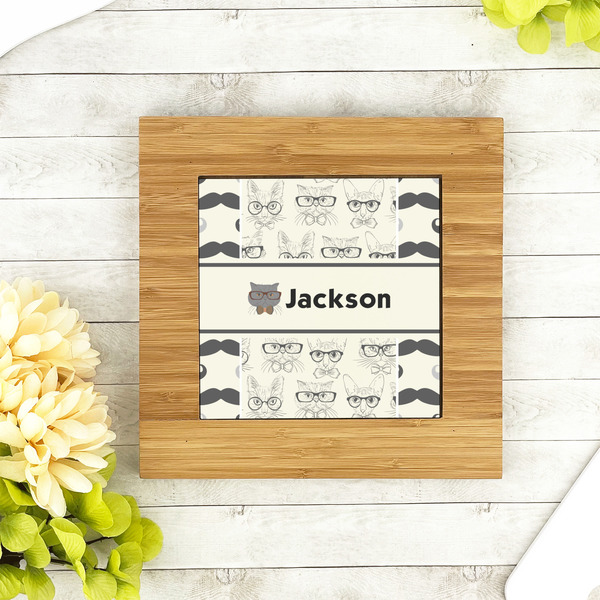 Hipster Cats & Mustache Bamboo Trivet with 6" Tile - LIFESTYLE