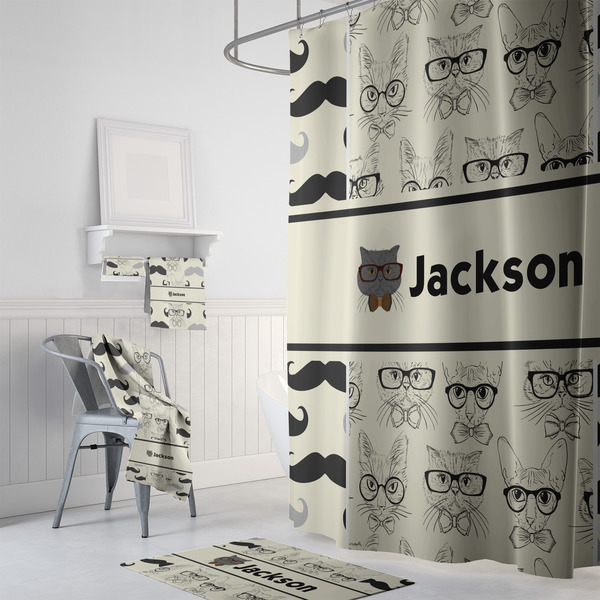 Hipster Cats & Mustache Bath Towel Sets - 3-piece - In Context