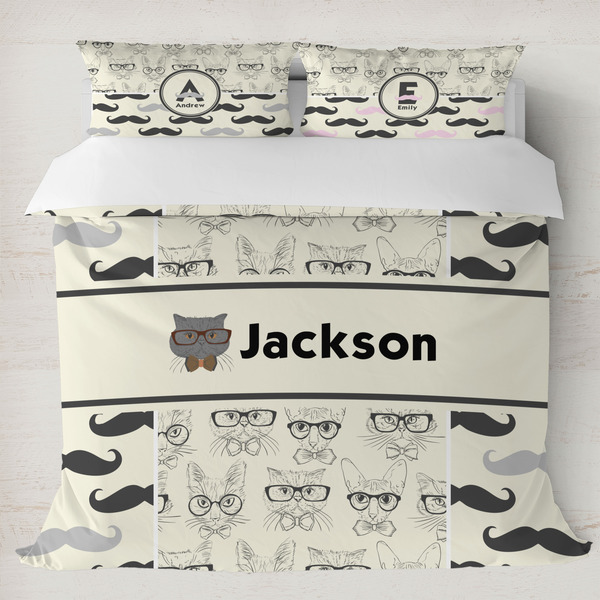 Custom Hipster Cats & Mustache Duvet Cover Set - King (Personalized)