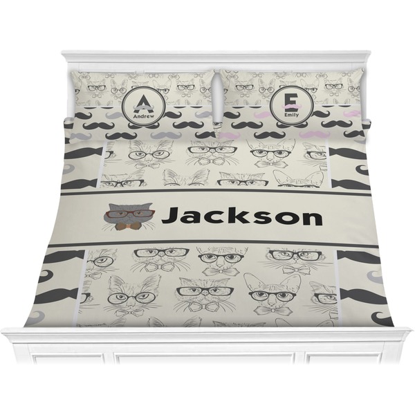 Custom Hipster Cats & Mustache Comforter Set - King (Personalized)