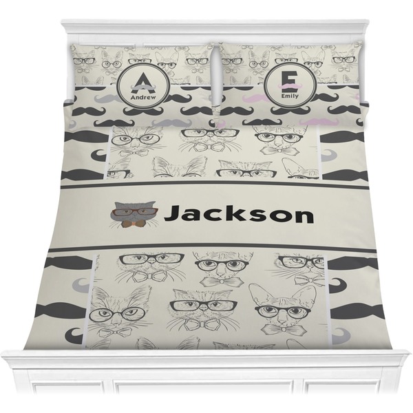 Custom Hipster Cats & Mustache Comforter Set - Full / Queen (Personalized)