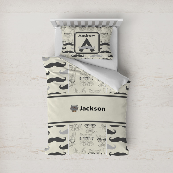 Custom Hipster Cats & Mustache Duvet Cover Set - Twin (Personalized)