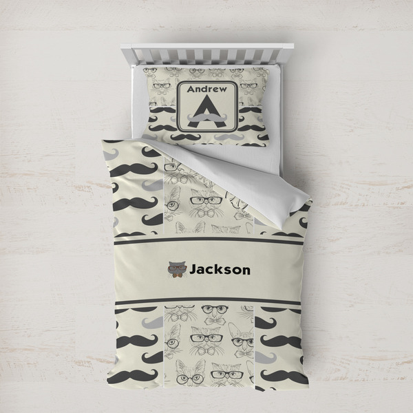 Custom Hipster Cats & Mustache Duvet Cover Set - Twin XL (Personalized)