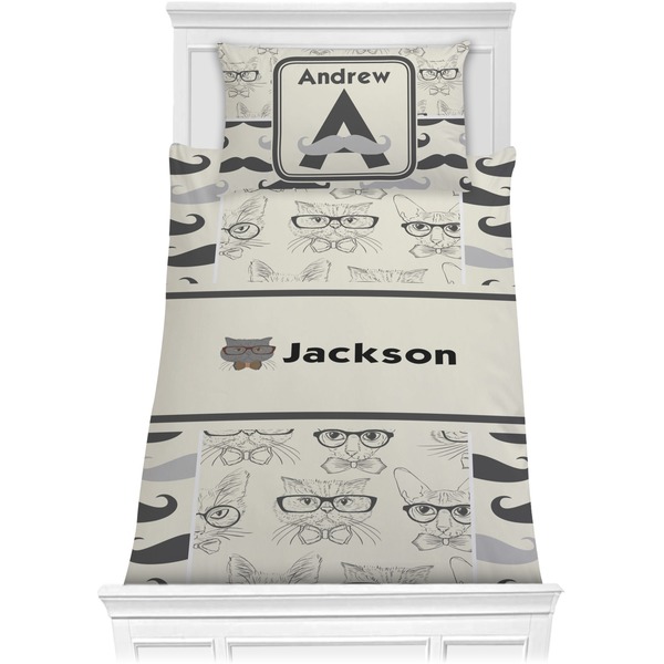 Custom Hipster Cats & Mustache Comforter Set - Twin XL (Personalized)
