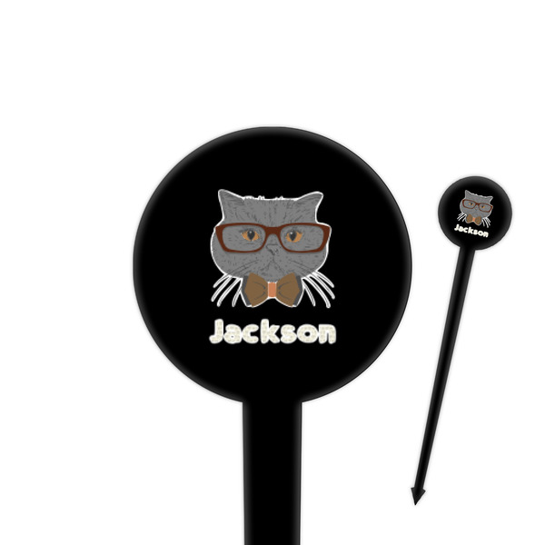 Custom Hipster Cats & Mustache 4" Round Plastic Food Picks - Black - Single Sided (Personalized)