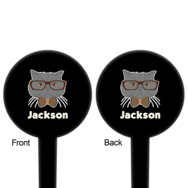 Hipster Cats & Mustache Black Plastic 4" Food Pick - Round - Double Sided - Front & Back