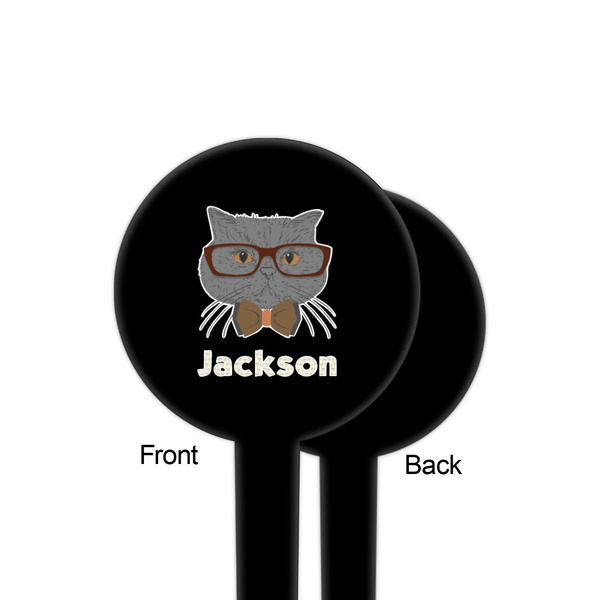 Hipster Cats & Mustache Black Plastic 4" Food Pick - Round - Single Sided - Front & Back