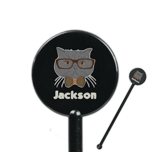 Custom Hipster Cats & Mustache 5.5" Round Plastic Stir Sticks - Black - Single Sided (Personalized)
