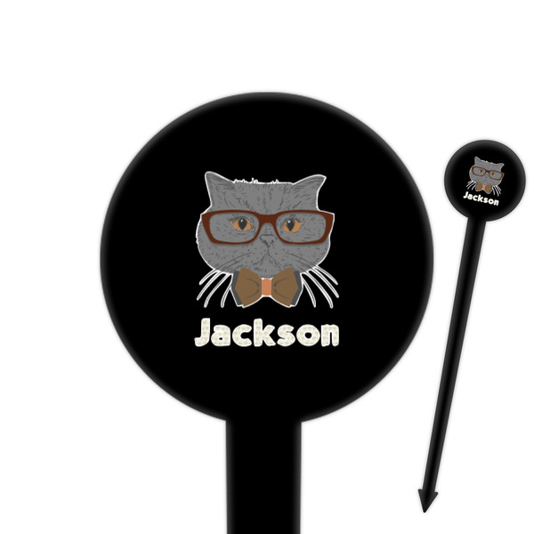 Custom Hipster Cats & Mustache 6" Round Plastic Food Picks - Black - Single Sided (Personalized)