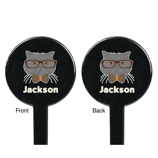 Hipster Cats & Mustache Black Plastic 7" Stir Stick - Double Sided - Round - Front & Back