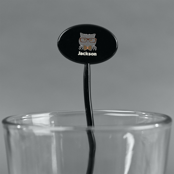 Hipster Cats & Mustache Black Plastic 7" Stir Stick - Oval - Main