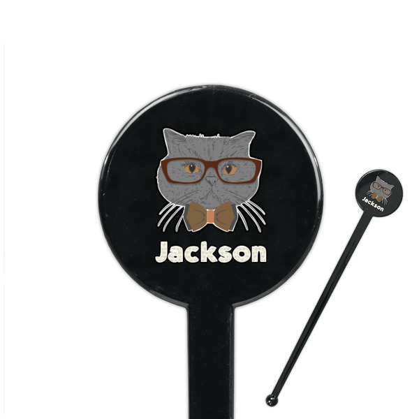 Custom Hipster Cats & Mustache 7" Round Plastic Stir Sticks - Black - Double Sided (Personalized)