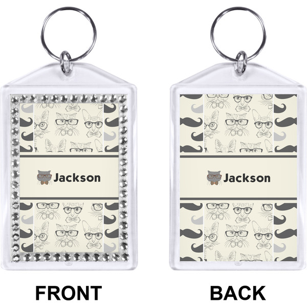 Hipster Cats & Mustache Bling Keychain (Front + Back)