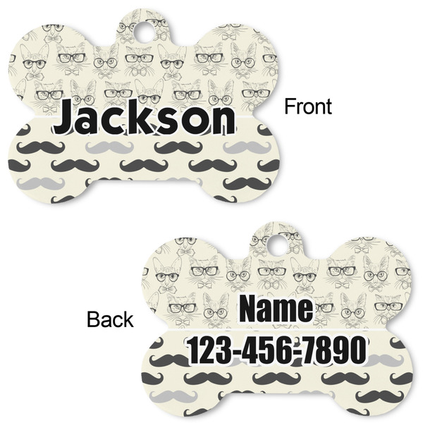 Hipster Cats & Mustache Bone Shaped Dog ID Tag - Large - Approval