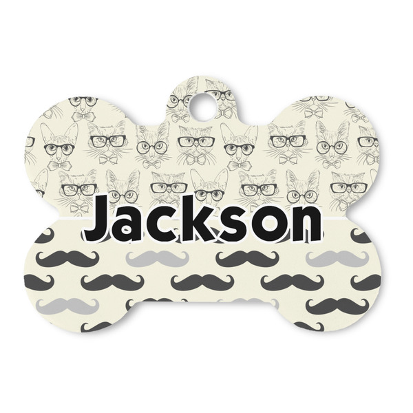Custom Hipster Cats & Mustache Bone Shaped Dog ID Tag (Personalized)