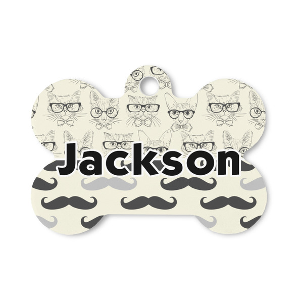 Custom Hipster Cats & Mustache Bone Shaped Dog ID Tag - Small (Personalized)