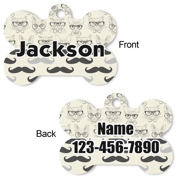 Hipster Cats & Mustache Bone Shaped Dog Tag - Front & Back