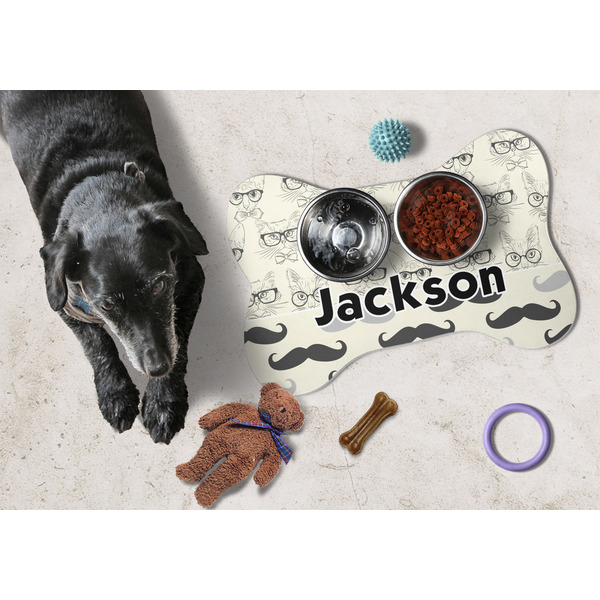 Hipster Cats & Mustache Bone Shaped Mat w/ Food & Water