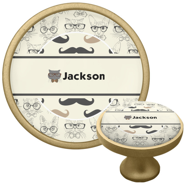 Custom Hipster Cats & Mustache Cabinet Knob - Gold (Personalized)