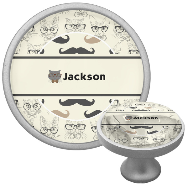 Custom Hipster Cats & Mustache Cabinet Knob (Silver) (Personalized)