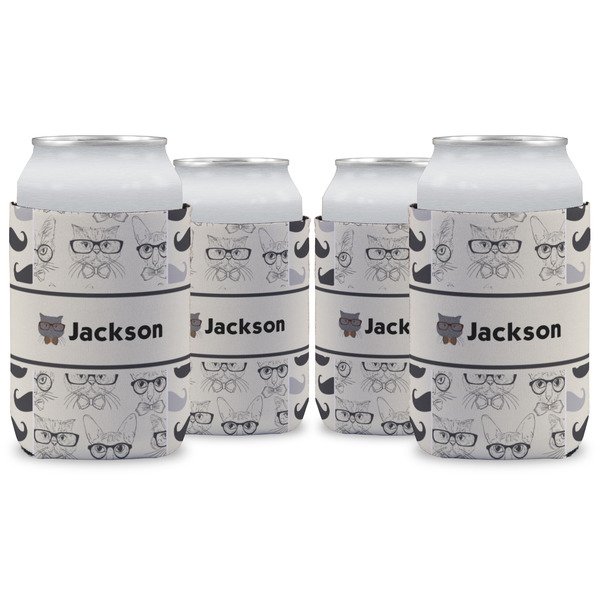 Custom Hipster Cats & Mustache Can Cooler (12 oz) - Set of 4 w/ Name or Text