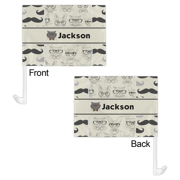Hipster Cats & Mustache Car Flag - 11" x 8" - Front & Back View