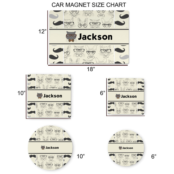 Hipster Cats & Mustache Car Magnets - SIZE CHART