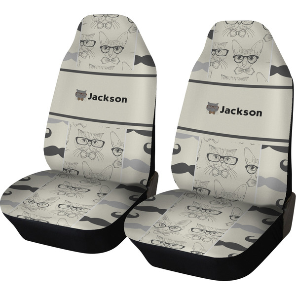 Custom Hipster Cats & Mustache Car Seat Covers (Set of Two) (Personalized)